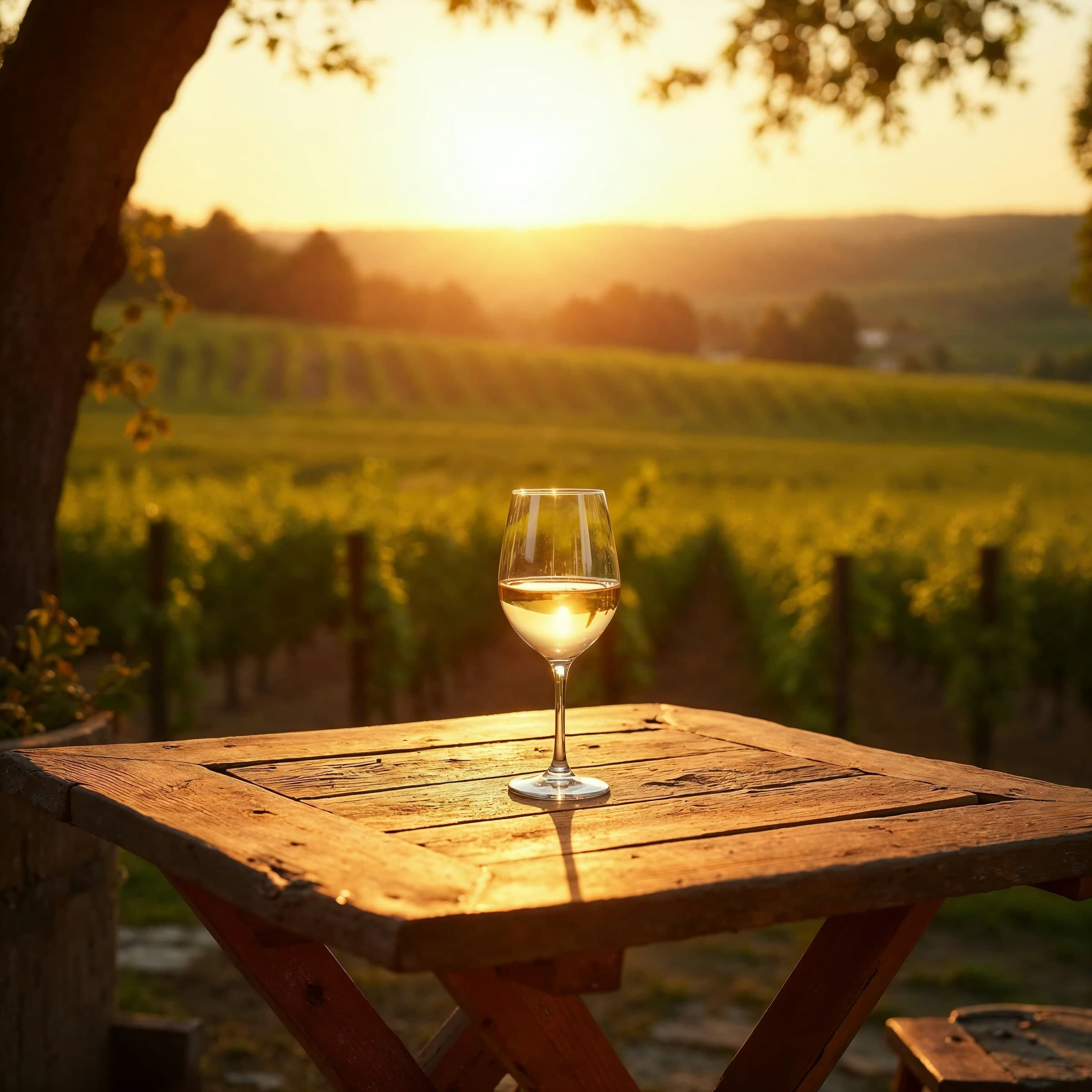 A glass of white wine on a wooden table at sunset