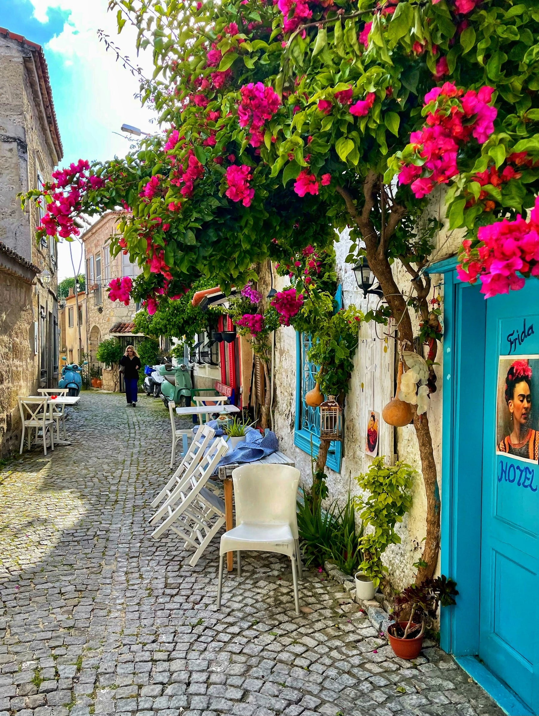 A cobbled village street under bougainvillea
